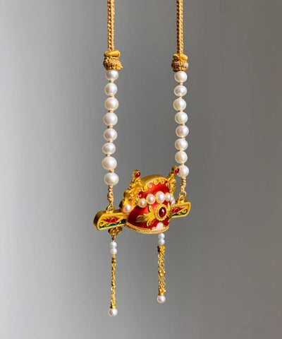 Collar con lazo y sombrero de erudito con tejido de perlas y oro único en plata esterlina 