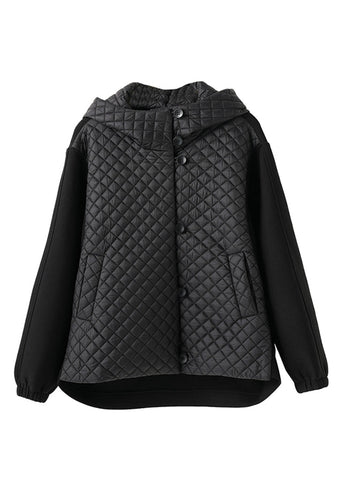 Damen Schwarzer Kapuzenknopf Baumwollgefüllter Mantel Langarm 