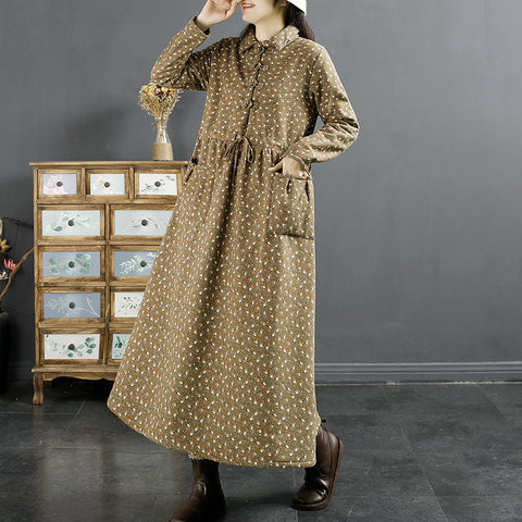 Vestido retro de invierno de lino y algodón con estampado floral 