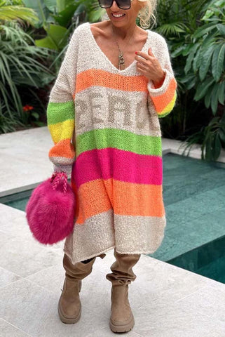 True Faith Knit Peace Pattern Color Blocks Loose Midi Sweater Dress