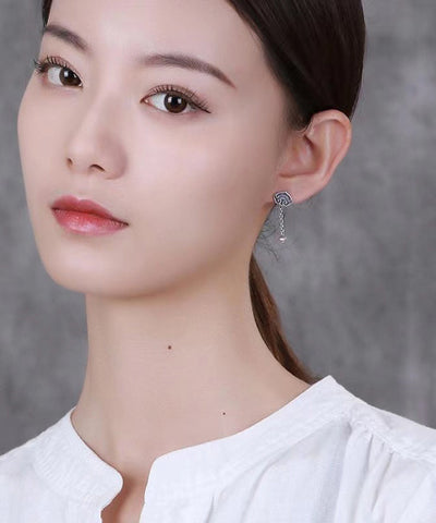 Chinese Style Silk Sterling Silver Lotus Tassel Drop Earrings