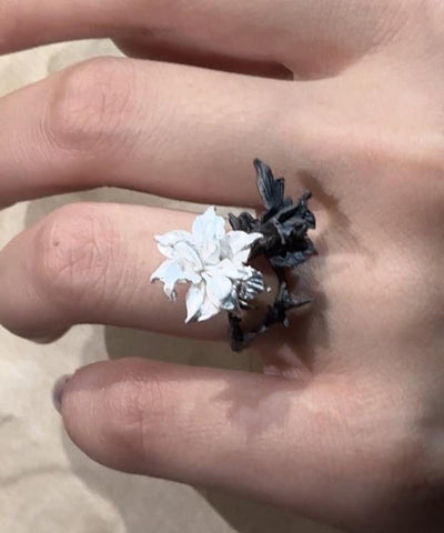 Chice Schwarz Weiß Stering Silber Blumenringe 