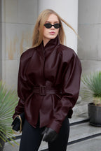 Stand Collar Trench Leather Jacket