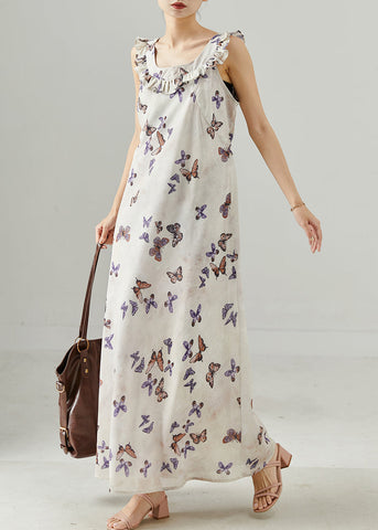 Französisches weißes Rüschenkleid aus geblümter Baumwolle mit Knöchellänge, Sommer 