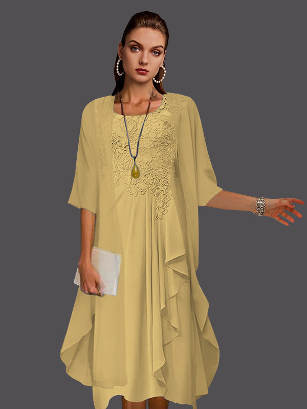 Zweiteiliges, ärmelloses A-Linien-Kleid aus Chiffonspitze mit Faltenapplikationen 
