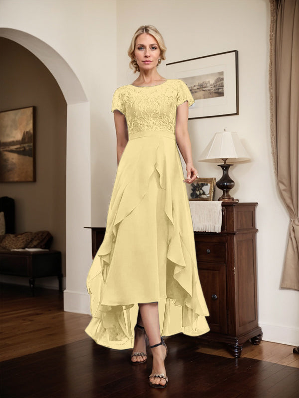 A-Linien-Kleid mit asymmetrischem Chiffon-Spitzenausschnitt, Schleife, Rüschen und Pailletten für die Mutter der Braut 