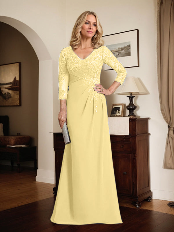 Etuikleid/Säulenkleid mit V-Ausschnitt, Illusion-Detail, bodenlang, aus Chiffonspitze und plissierten Pailletten für die Mutter der Braut 