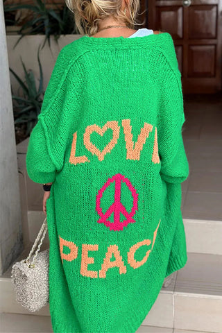 Meridress - Cárdigan largo con estampado "Amor y Paz" y frente abierto (en 5 colores)