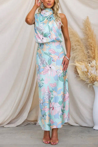 Vestido largo de satén con estampado floral y cuello anudado irregular de Meridress