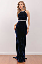 Langes, marineblaues Meerjungfrauen-Samt-Abendkleid