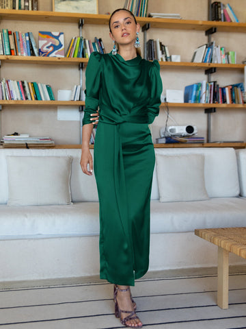Vestido midi de satén Ximena de manga larga - Esmeralda 