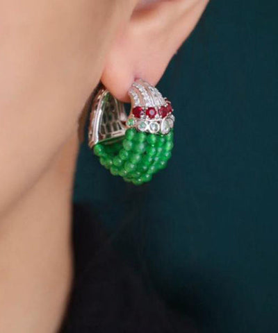 Casual Green Sterling Silver Beading Hoop Earrings