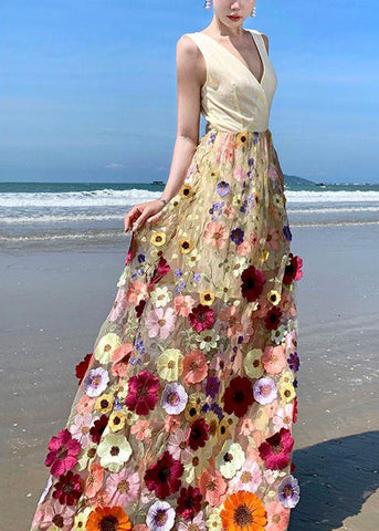 Bohemian V-Ausschnitt Tüll bestickt Patchwork Blumen Tüll Maxikleid Sommer 