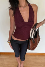 Chic Burgundy Draped V Neck Cinched Crop Blouse