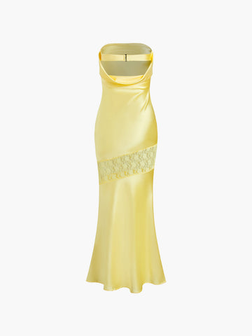 Vestido midi de tubo sin tirantes de encaje asimétrico 