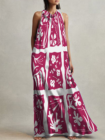 A-Line Loose Printed Tied Heaps Collar Maxi Dresses