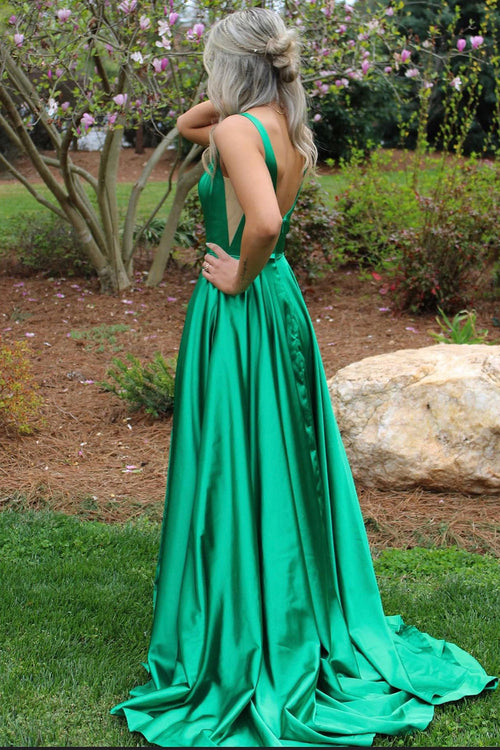A-line Satin V-neck Prom Dress with Slit