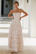 Sexy Lace Trim Print Tiered Ruffle Hem Cami Maxi Dress