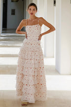 Sexy Lace Trim Print Tiered Ruffle Hem Cami Maxi Dress