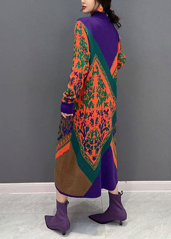 Vestido de invierno de punto con cuello alto y estampado oversize para mujer 