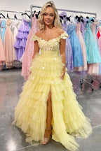 Vestido de fiesta con volantes y hombros descubiertos, de encaje floral 3D