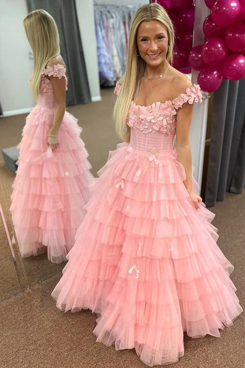 3D-Blumen-Spitzen-Abendkleid mit schulterfreiem Rock und Rüschen