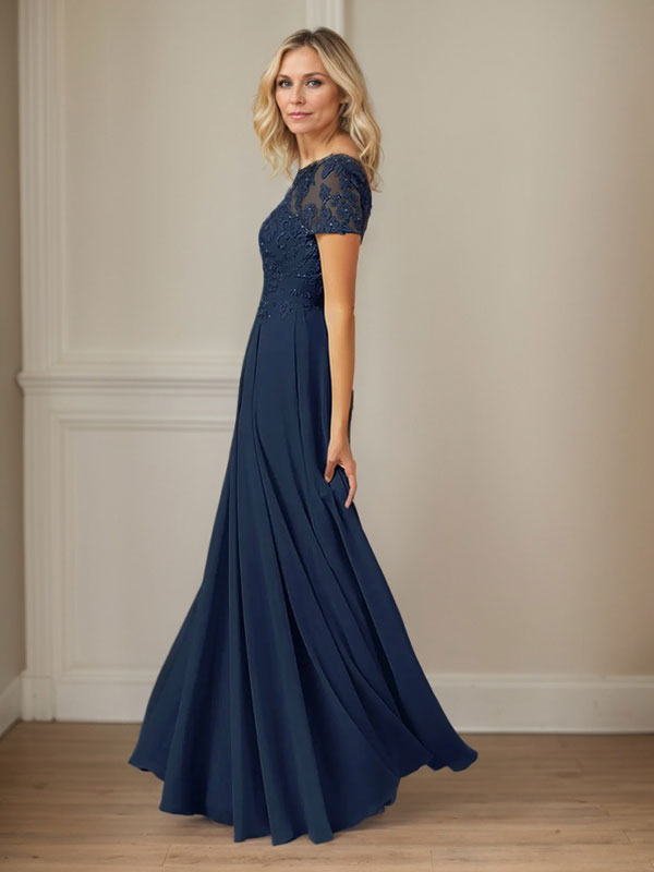 Dunkelblaues A-Linien-Pailletten-Chiffonkleid mit U-Boot-Ausschnitt 