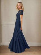 Dunkelblaues A-Linien-Pailletten-Chiffonkleid mit U-Boot-Ausschnitt 