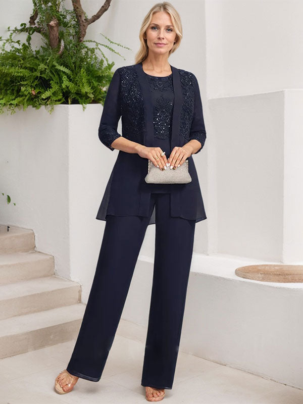 Jumpsuit/Hosenanzug-Set, bodenlanges Chiffon-Spitzenkleid mit Pailletten für die Mutter der Braut mit Rundhalsausschnitt