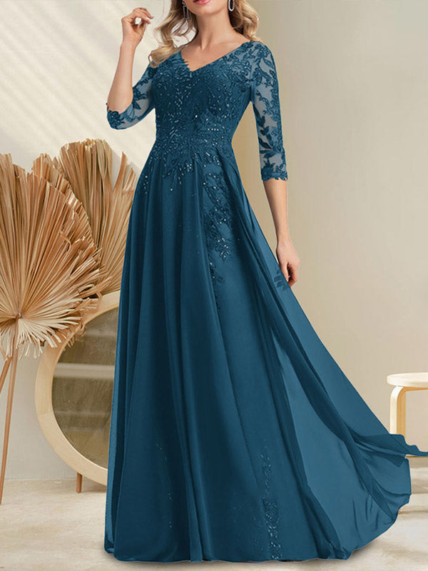 A-Linien-Kleid aus Chiffon mit V-Ausschnitt, bodenlang, mit Pailletten besetzt – ideal für die Mutter der Braut