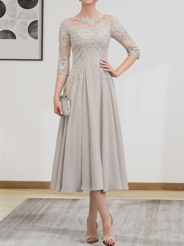 A-Linien-Kleid mit U-Boot-Ausschnitt, Illusion-Detail, Teelänge, Chiffonspitze, Perlenstickerei und Pailletten für die Mutter der Braut