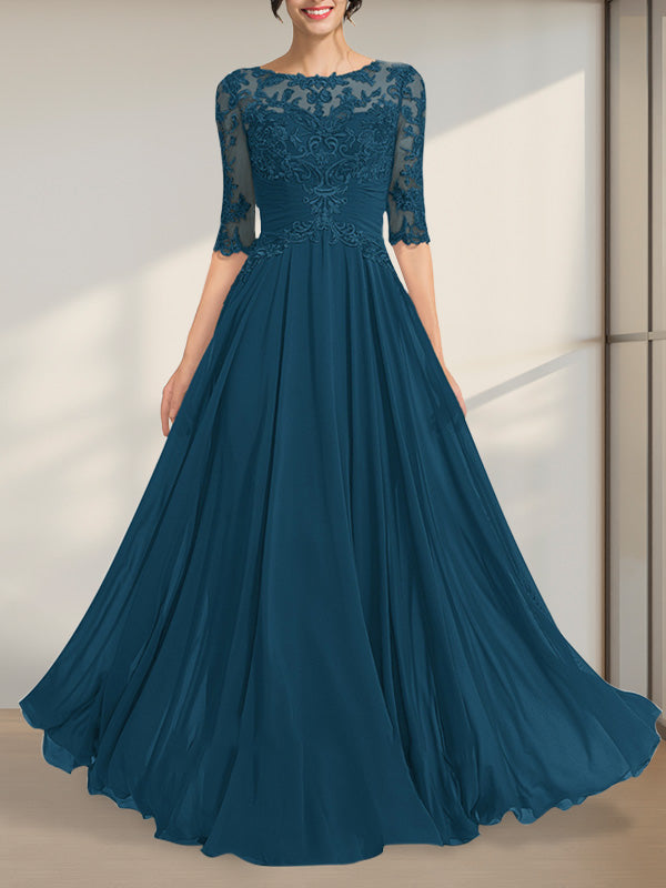 A-Linien-Kleid mit Illusion-Ausschnitt, bodenlang, aus Chiffon und Spitze, mit plissierten Pailletten und V-Ausschnitt für die Mutter der Braut