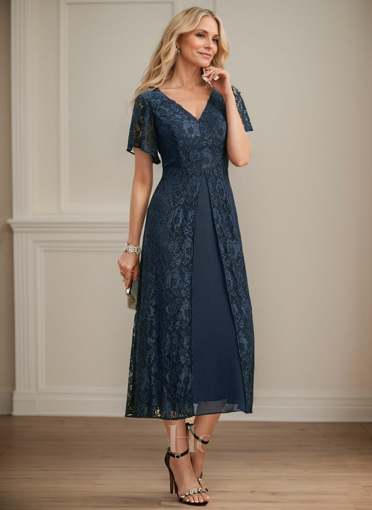 A-Linien-Kleid aus Chiffon mit V-Ausschnitt und Teelänge für die Mutter der Braut 