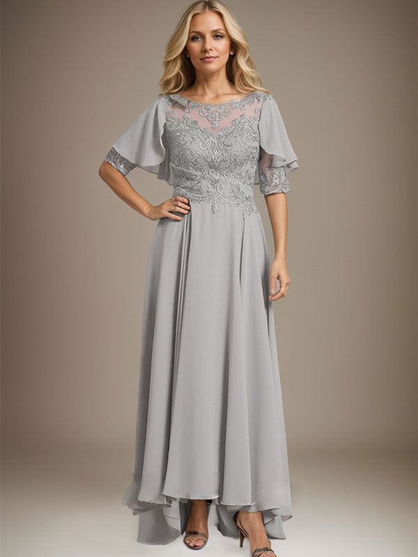 Vestido de madre de la novia de gasa asimétrica con encaje, ilusión, corte A y escote redondo con cuentas 