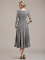 A-Linien-Kleid aus Chiffon mit Rundhalsausschnitt und Teelänge für die Mutter der Braut 