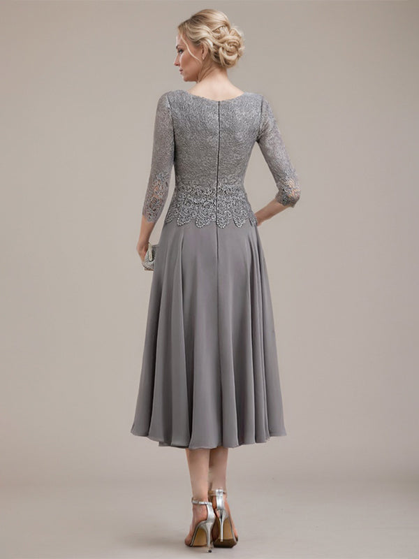 Vestido de gasa con encaje y escote redondo hasta la rodilla para madre de la novia 