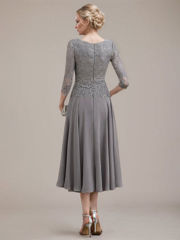 A-Linien-Kleid aus Chiffon mit Rundhalsausschnitt und Teelänge für die Mutter der Braut 