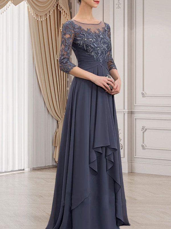 Vestido de gasa con encaje y volantes en cascada para madre de la novia, corte A, escote ilusión, largo hasta el suelo