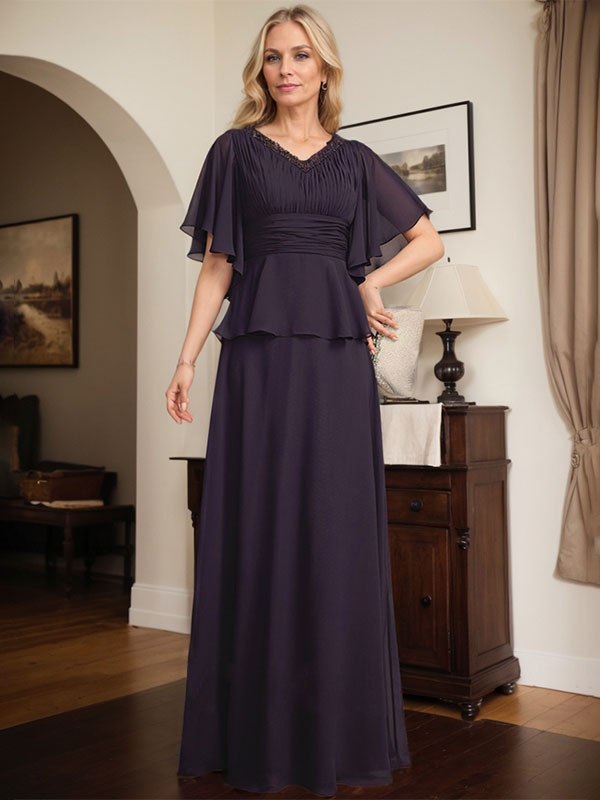 Vestido de gasa para madre de la novia, corte A, escote en V, largo hasta el suelo, con cuentas plisadas