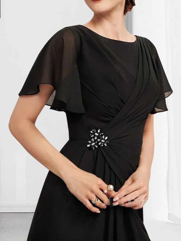 A-Linien-Chiffonkleid mit Rundhalsausschnitt, knöchellang, mit Perlenstickerei und Falten für die Mutter der Braut