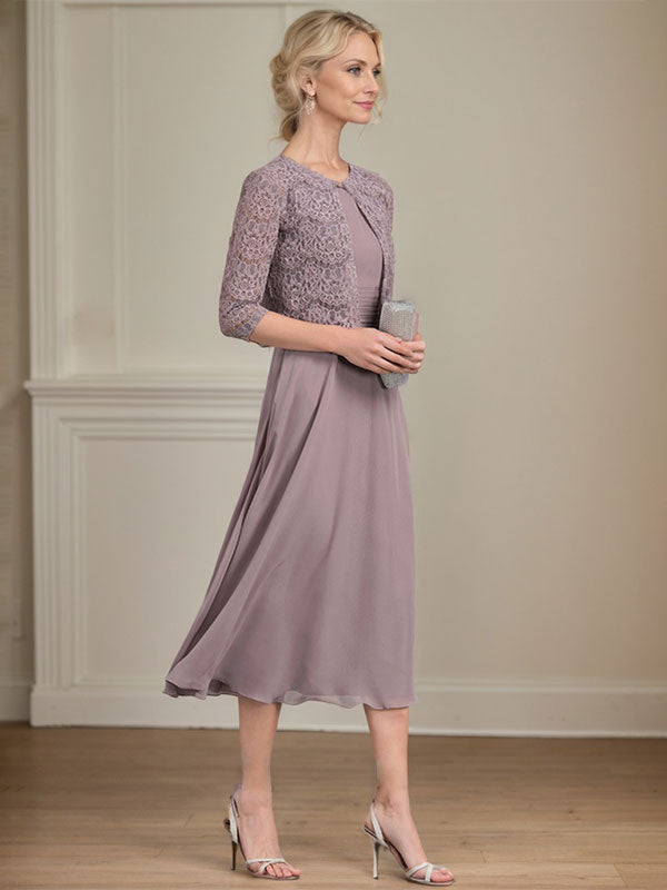 Vestido de gasa para madre de la novia, corte A, escote redondo, largo hasta la rodilla, con pliegues