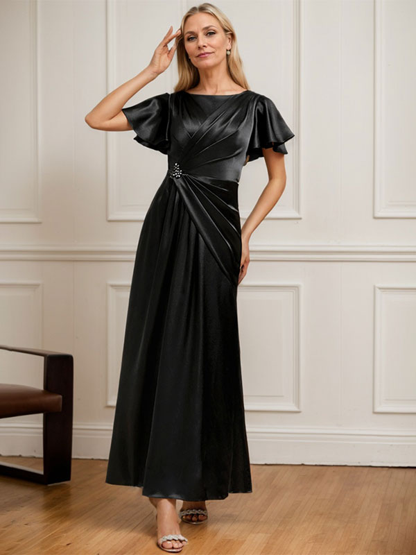 Vestido de madre de la novia de satén elástico con escote redondo y largo hasta los tobillos, corte en A y cuentas plisadas 