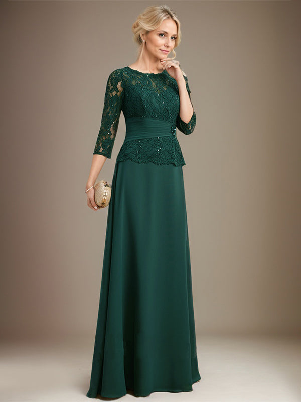 Vestido de gasa con encaje y escote en A, ilusión, largo hasta el suelo, para madre de la novia, con lentejuelas plisadas y abalorios 