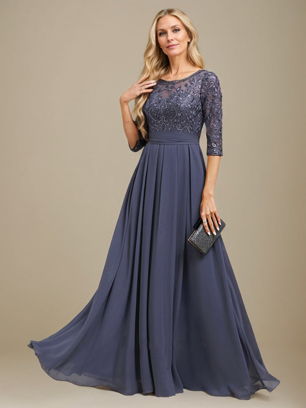 A-Linien-Kleid aus Chiffon mit Paillettenapplikationen und Rundhalsausschnitt, bodenlang, für die Mutter der Braut 