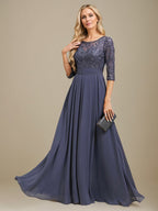 A-Linien-Kleid aus Chiffon mit Paillettenapplikationen und Rundhalsausschnitt, bodenlang, für die Mutter der Braut 