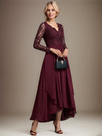 A-Linien-Kleid aus Chiffon mit V-Ausschnitt und asymmetrischer Spitze für die Mutter der Braut