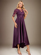 A-Linien-Kleid mit asymmetrischem, transparentem Ausschnitt, Stretch-Satinspitze und Pailletten für die Mutter der Braut 