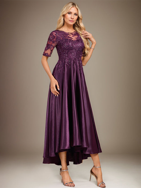 Vestido de madre de la novia de encaje satinado elástico asimétrico con ilusión de escote en A y lentejuelas 