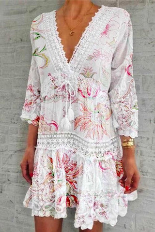 Meridress V Neck Lace Crochet Hollow Out Swing Dress