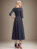 A-Linien-Kleid mit Rundhalsausschnitt, Teelänge, Spitze, Chiffon, Pailletten, für die Mutter der Braut